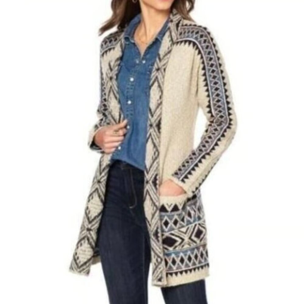 LUCKY BRAND Aztec Open Cardigan Tribal 3rd Piece Multi Navy Blue Boho Duster S